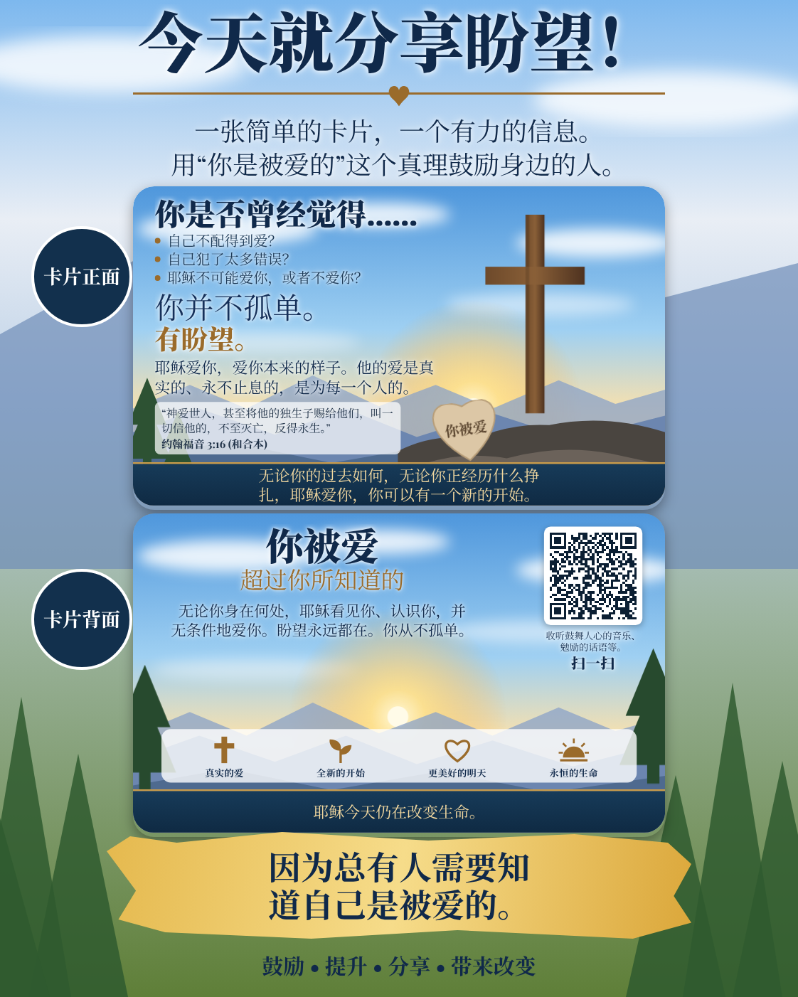 带有可扫描二维码的“今天就分享盼望”传单